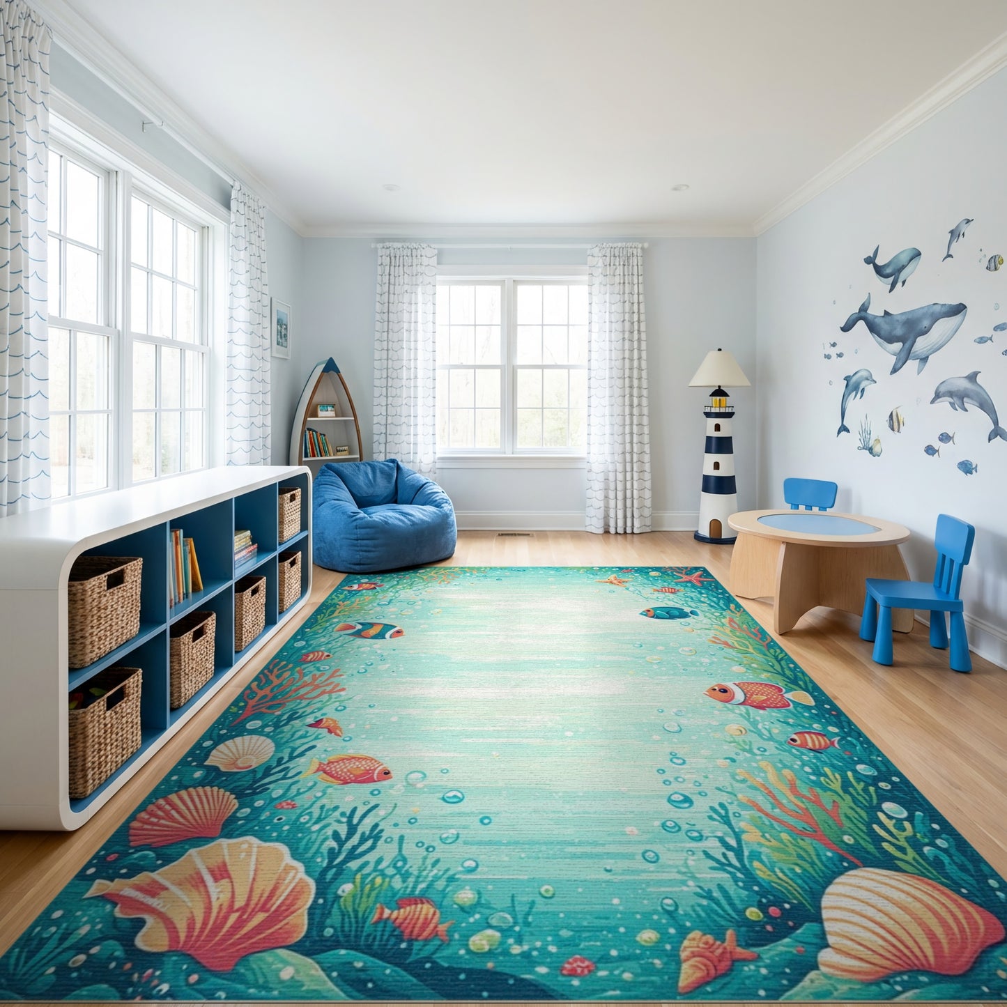 Whimsical Teal Coral Fish Reef Rug