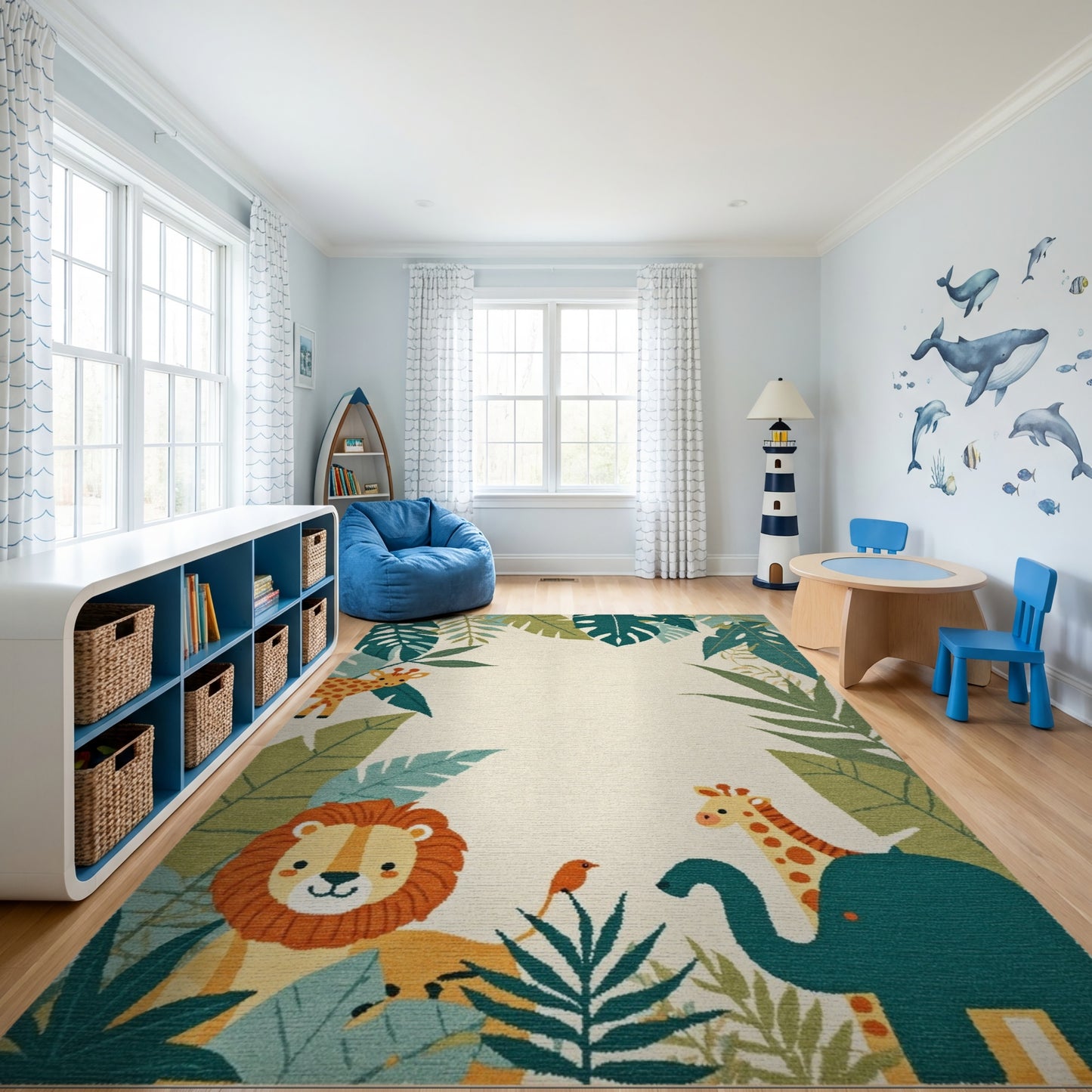 Whimsical Jungle Animals Lush Foliage Rug