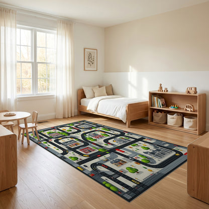 Whimsical City Roads Buildings Trees Rug