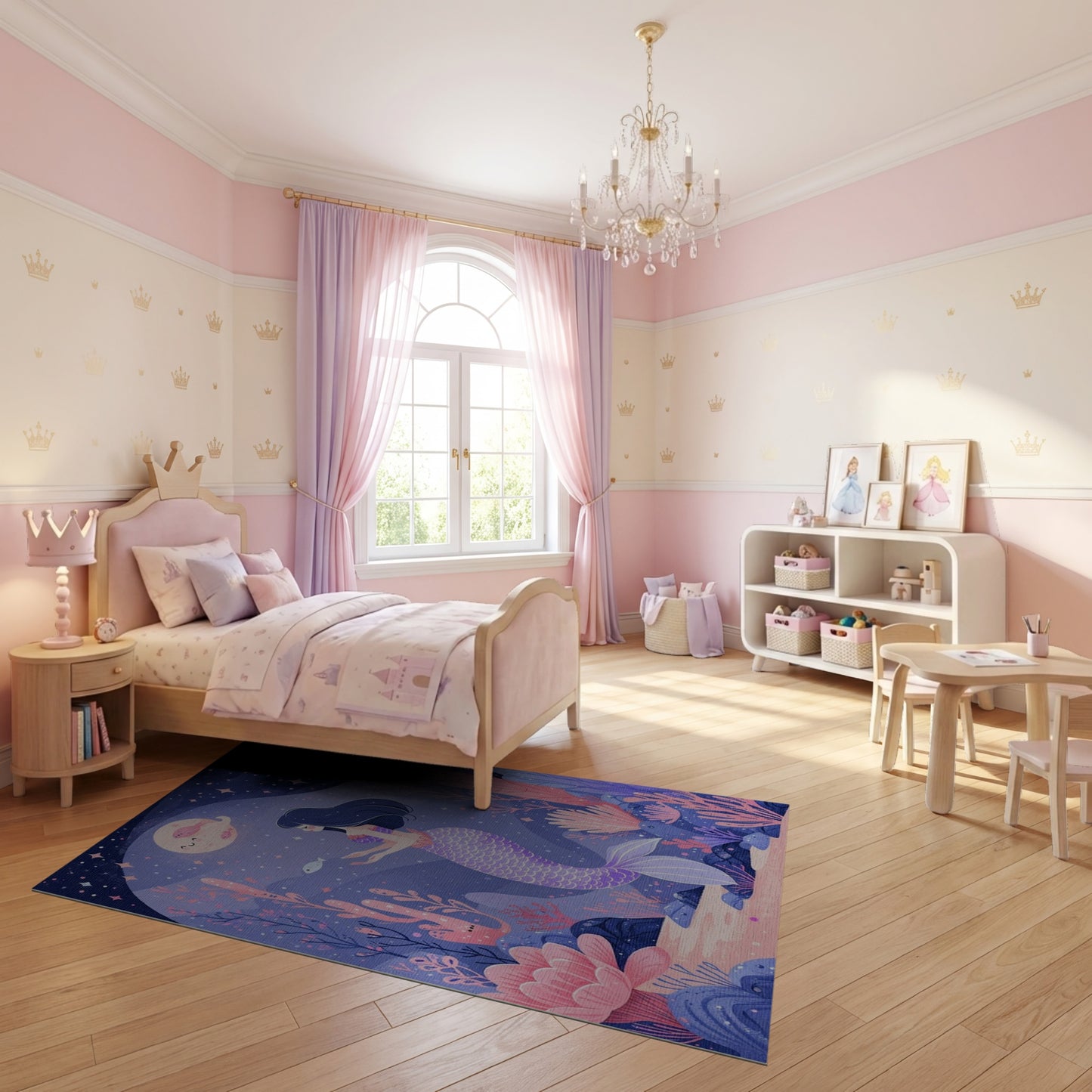 Whimsical Purple Mermaid Coral Stars Rug