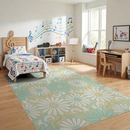 Teal White Daisy Swirl Rug