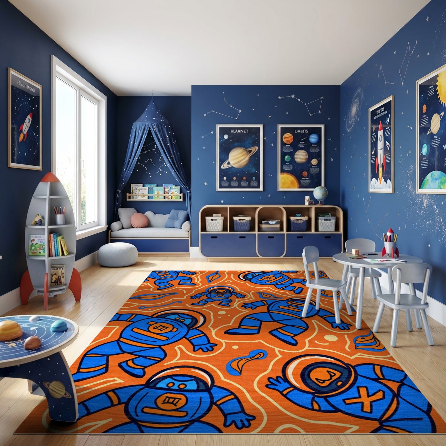 Playful Blue Astronauts Vibrant Orange Rug