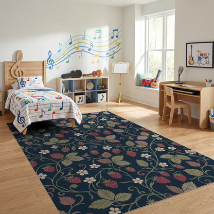 Navy Strawberry Vine Leaf Whimsical Rug