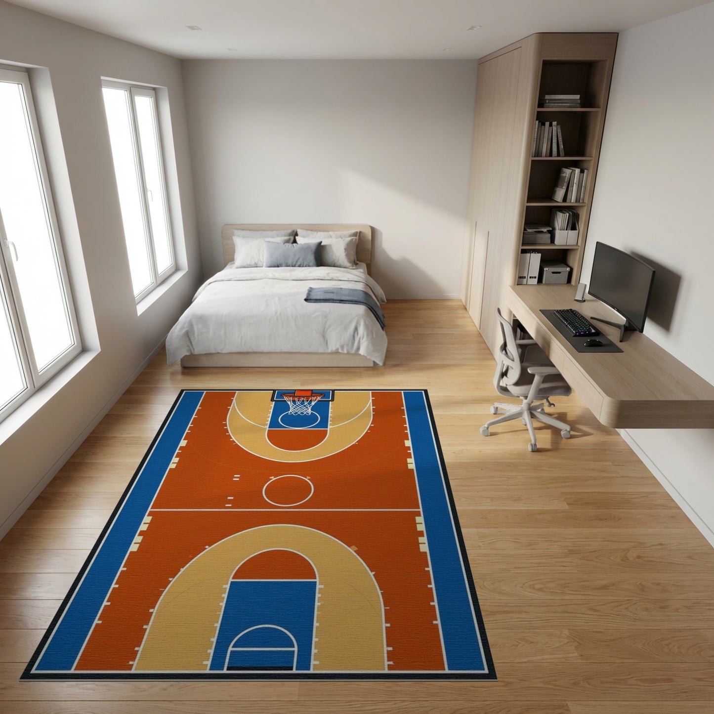 Blue and Orange Basketball Court Rug