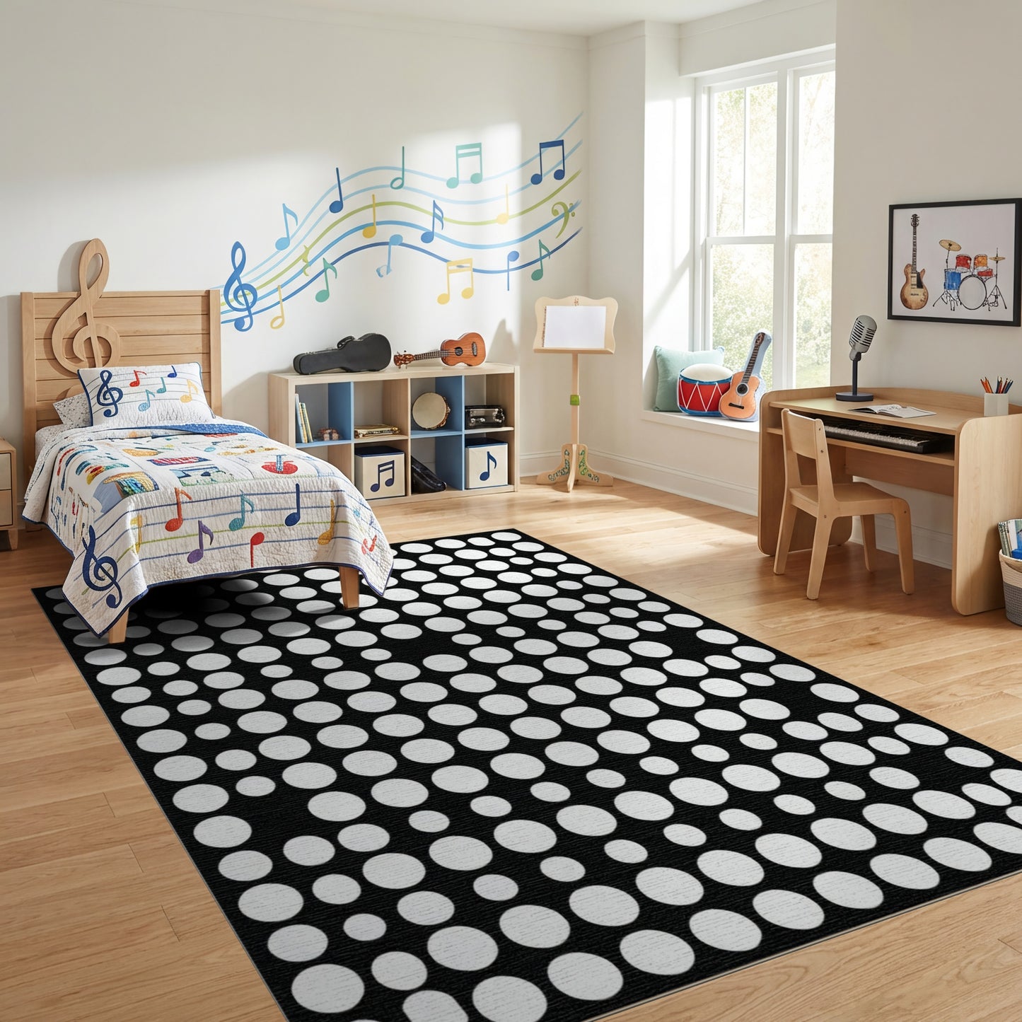 Modern Black White Dot Grid Rug