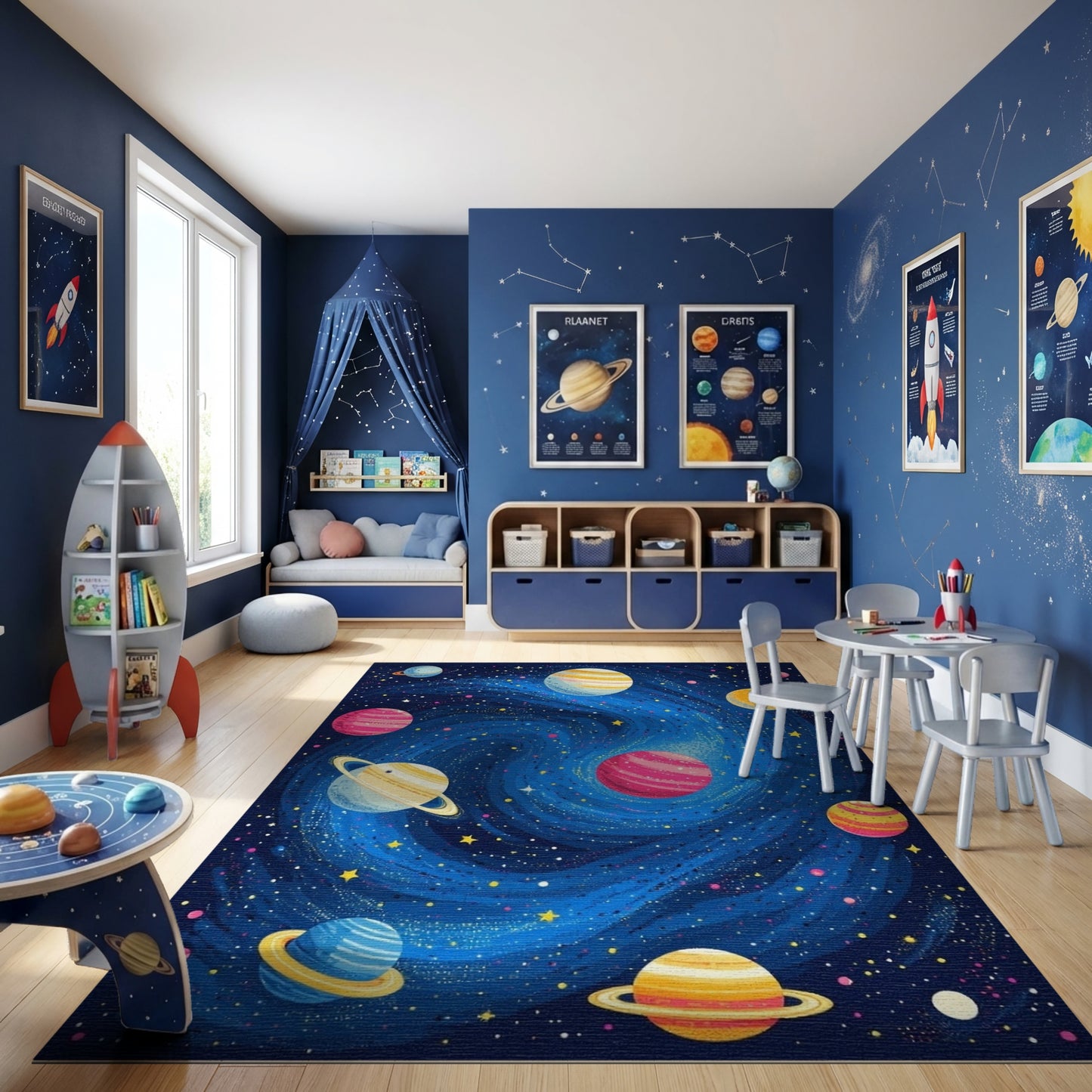 Vibrant Cosmic Swirl Planets Rug