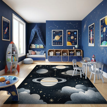 Starry Ringed Planets Gold Cosmic Rug