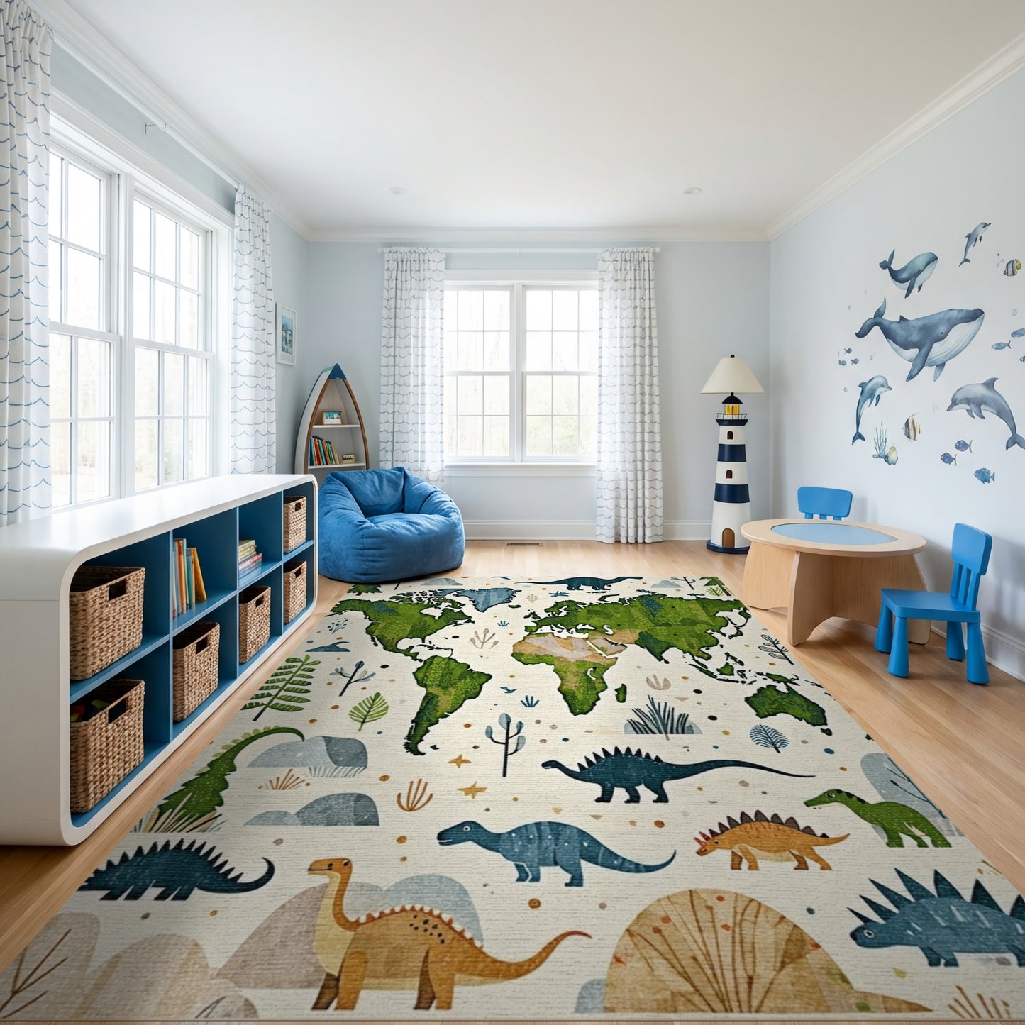 Whimsical Dinosaur World Map Rug