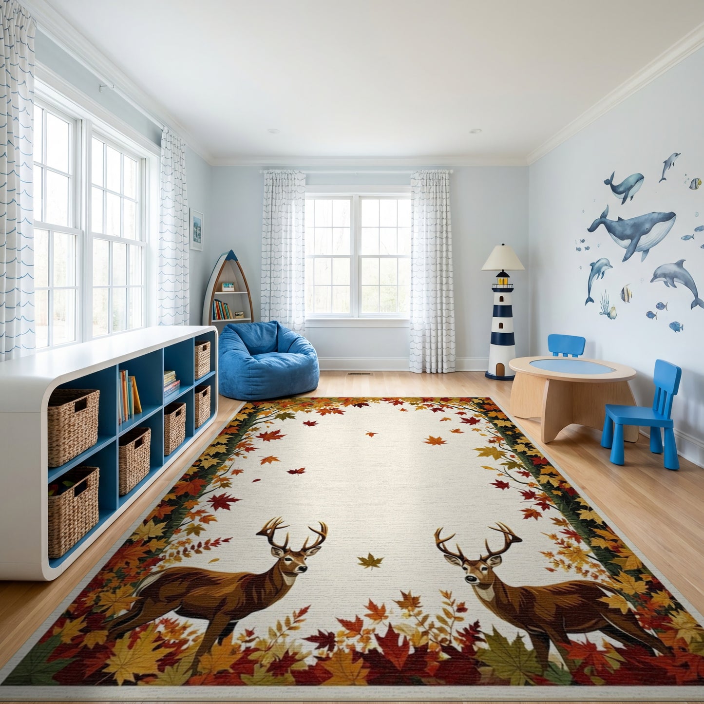 Autumn Deer Falling Leaves Border Rug