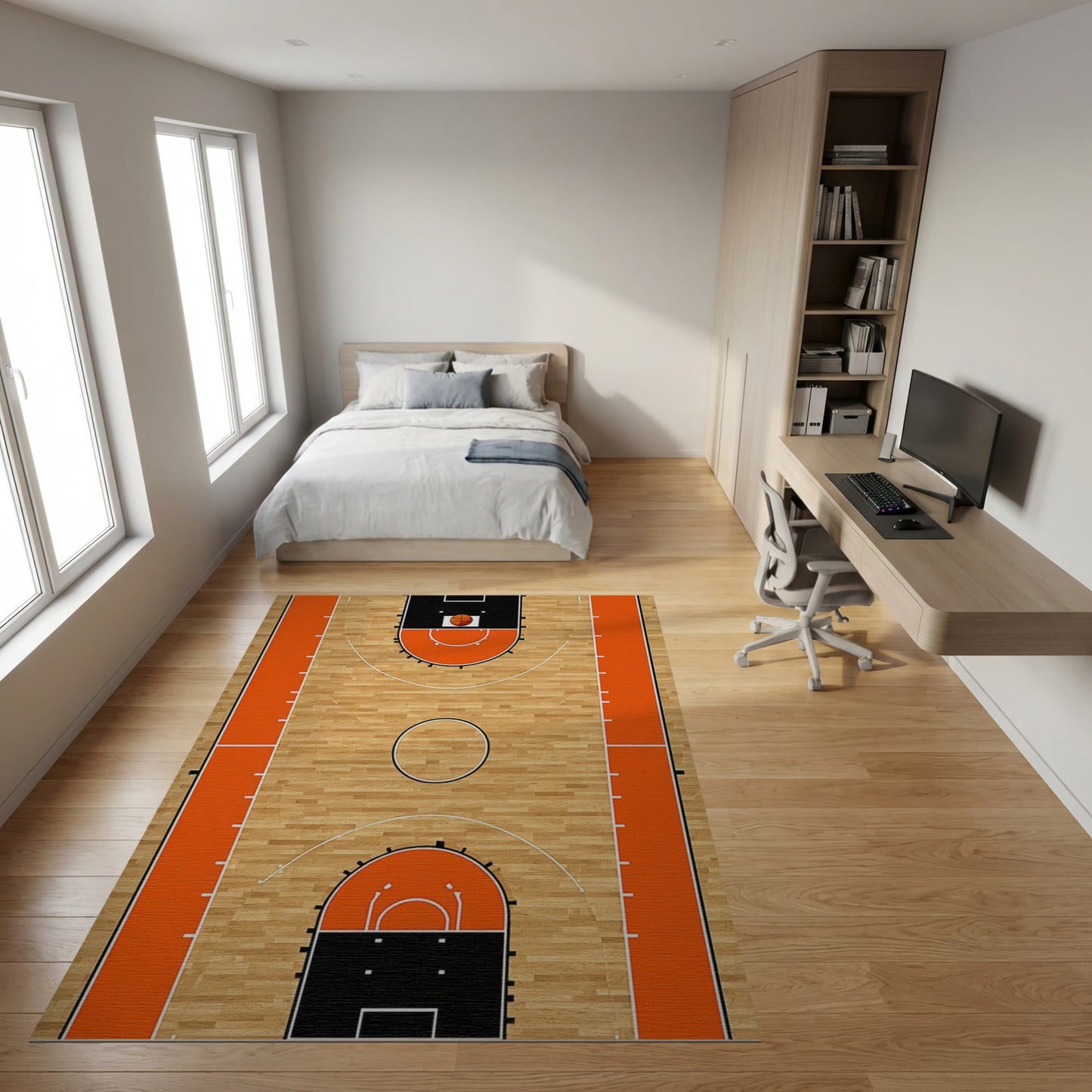 Basketball Court Hardwood Orange Rim Rug