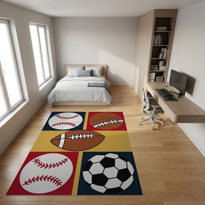 Playful Baseball Football Soccer Grid Rug