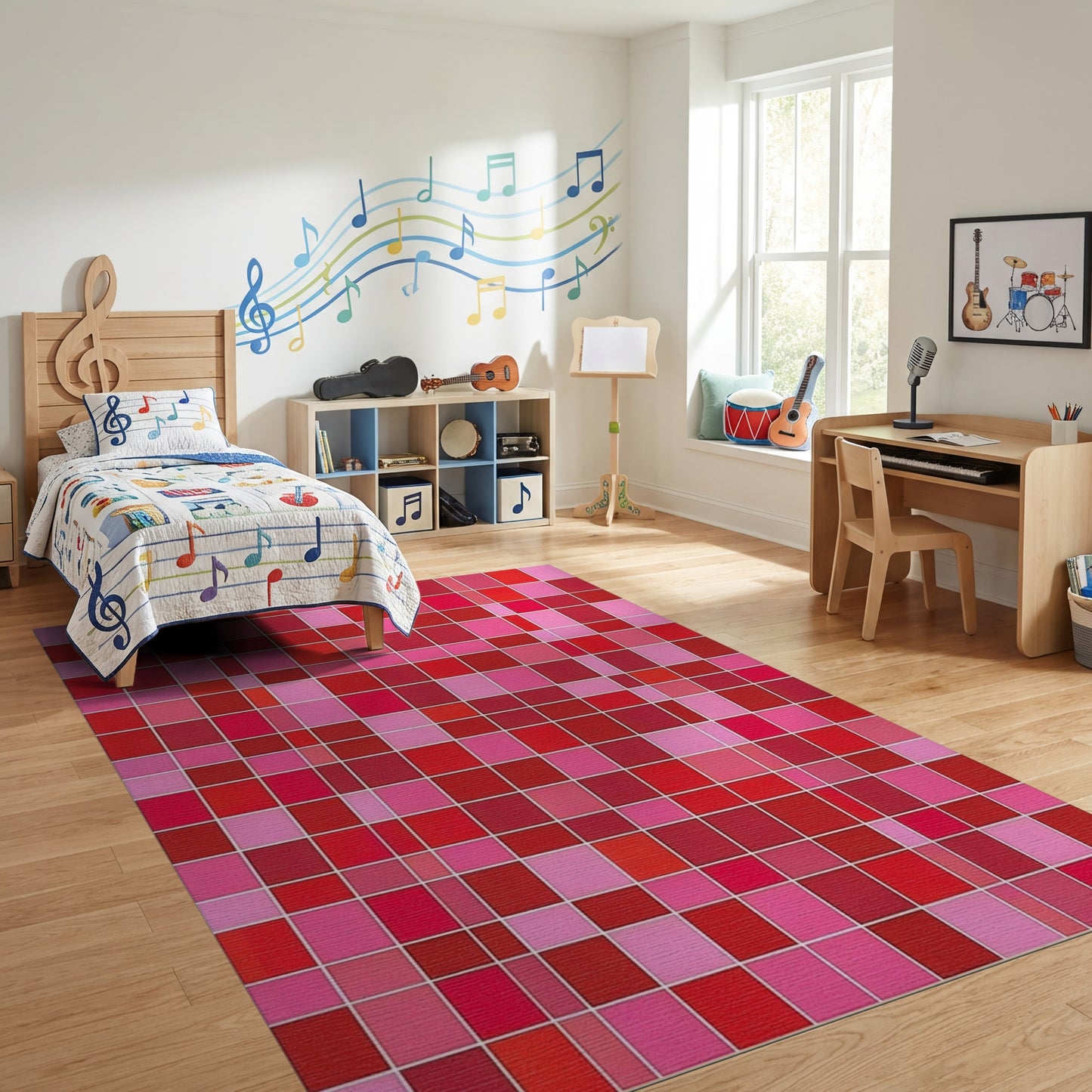 Bold Pink Red Mosaic Grid Rug