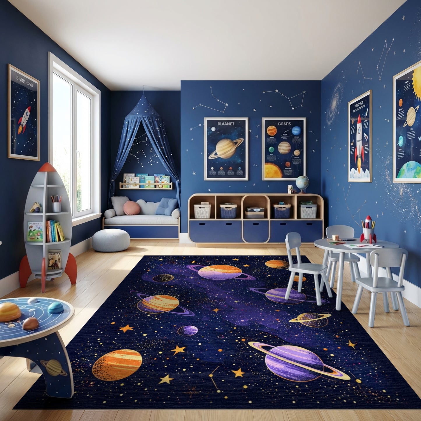Vibrant Cosmic Ringed Planets Stars Rug