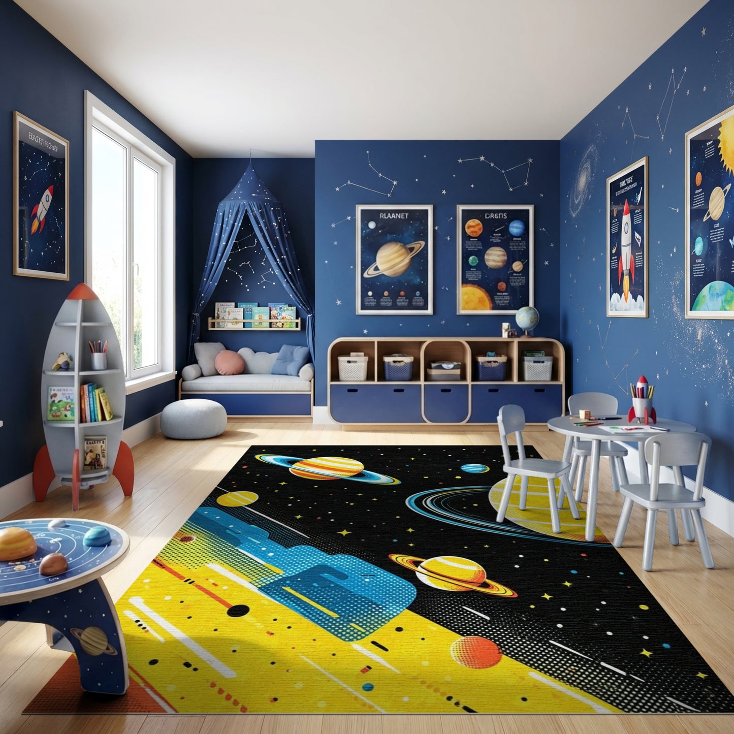 Vibrant Yellow Ringed Planets Stars Rug
