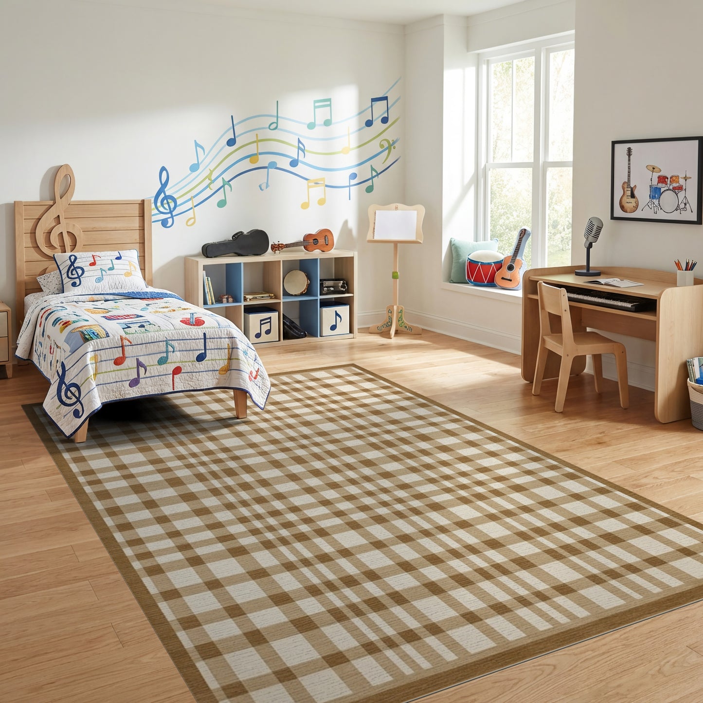 Rustic Tan Beige Plaid Check Rug