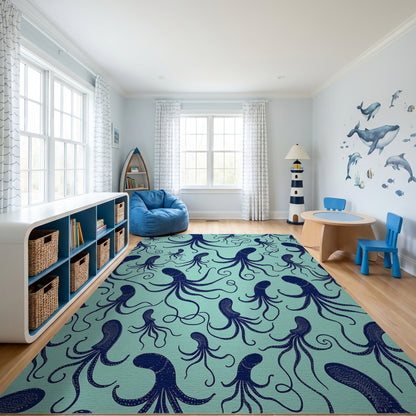 Teal Navy Octopus Tentacles Whimsical Rug