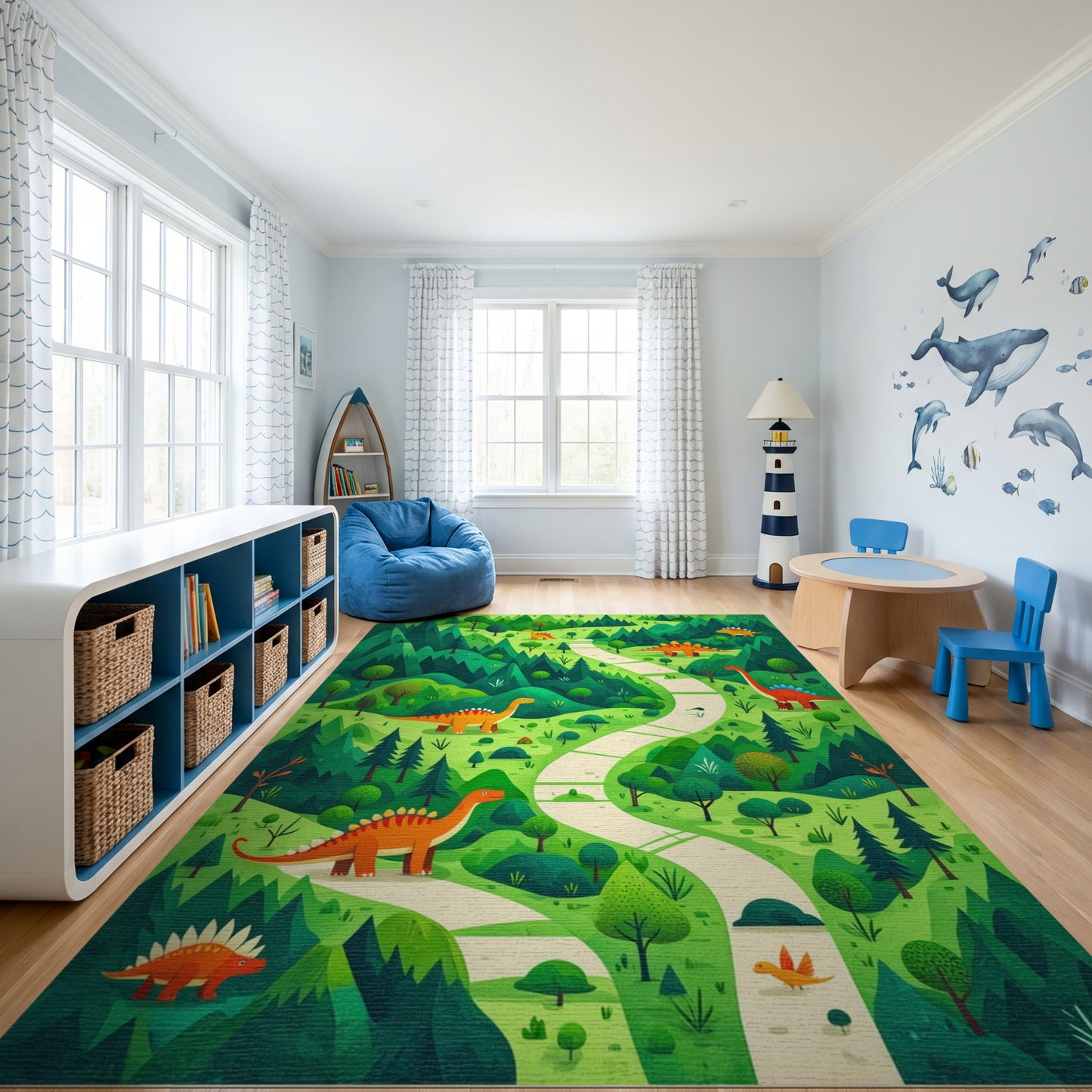 Whimsical Forest Dinosaur Winding Path Rug