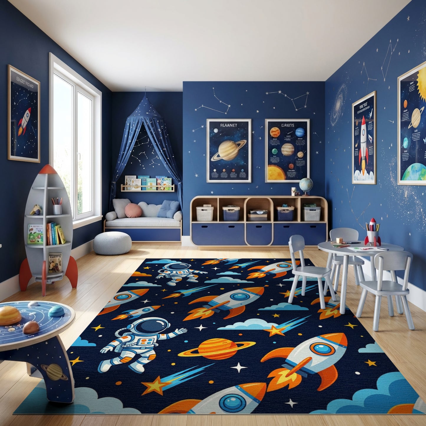 Whimsical Astronaut Rockets Stars Clouds Rug