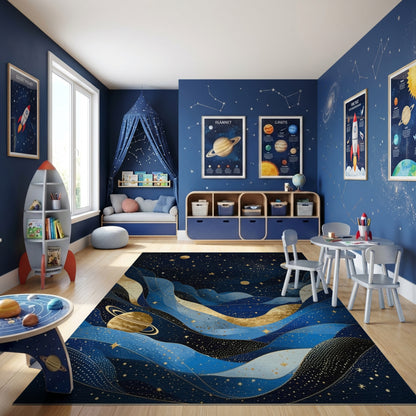 Starry Navy Waves Gold Planets Rug
