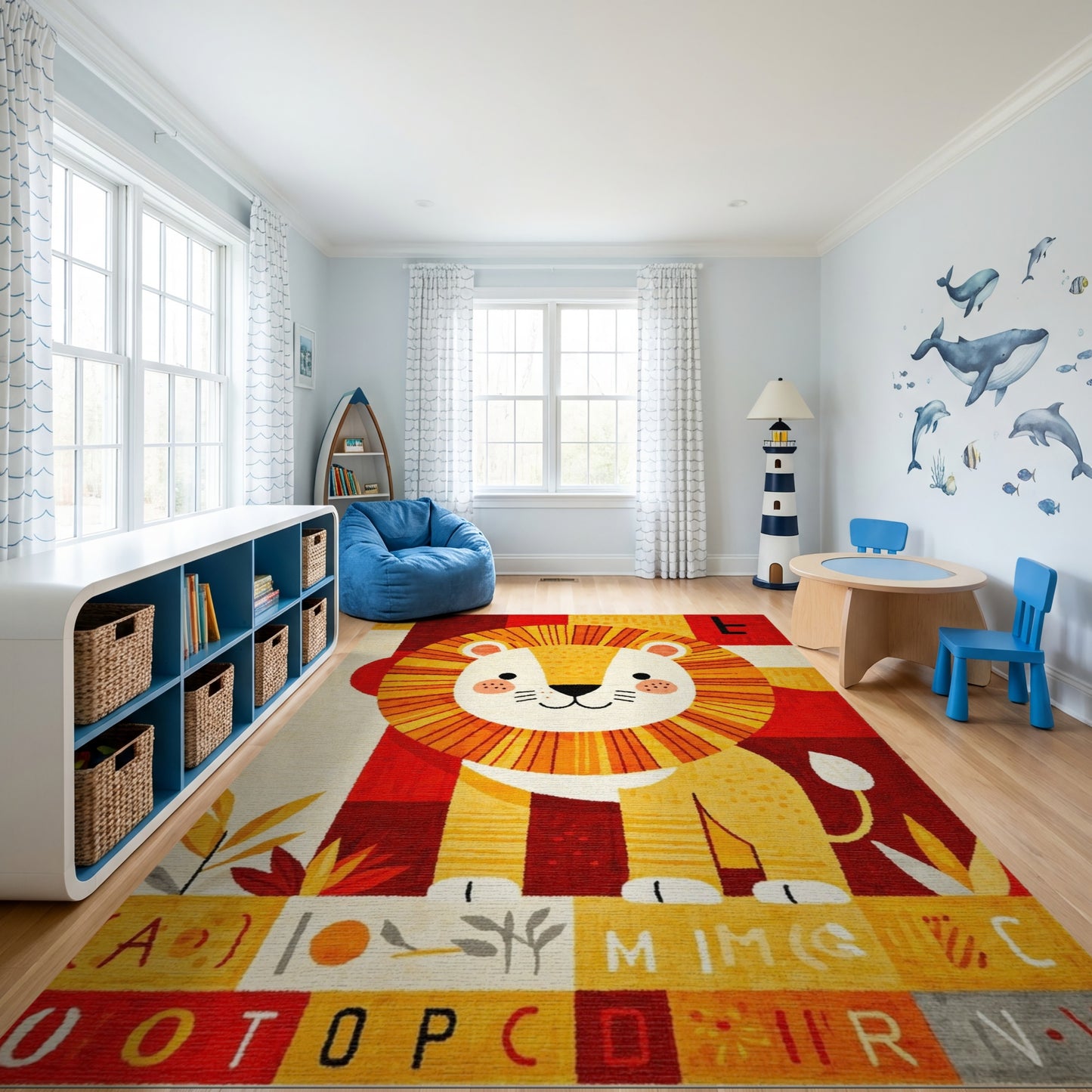 Playful Geometric Lion Alphabet Rug