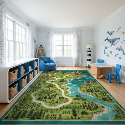 Whimsical Teal Mountain River Forest Path Rug