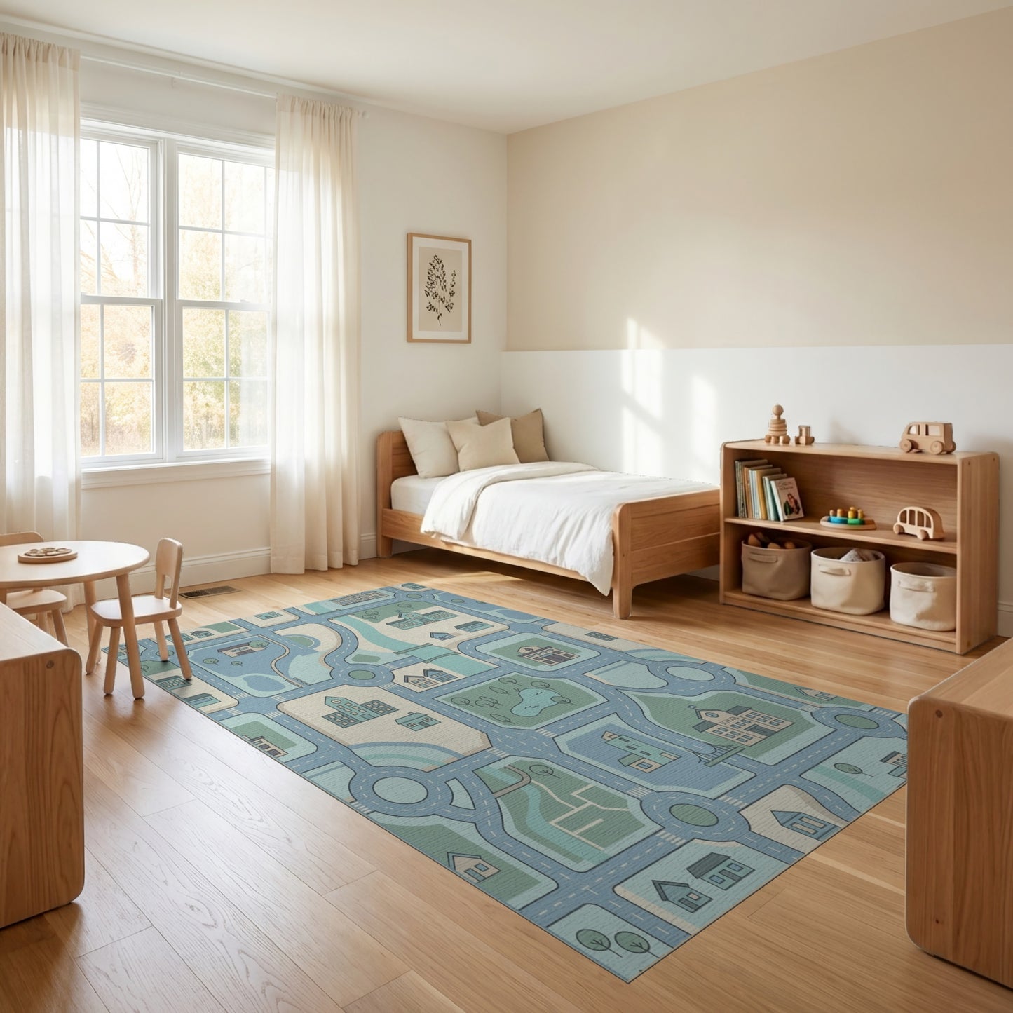 Whimsical Teal City Grid Rug