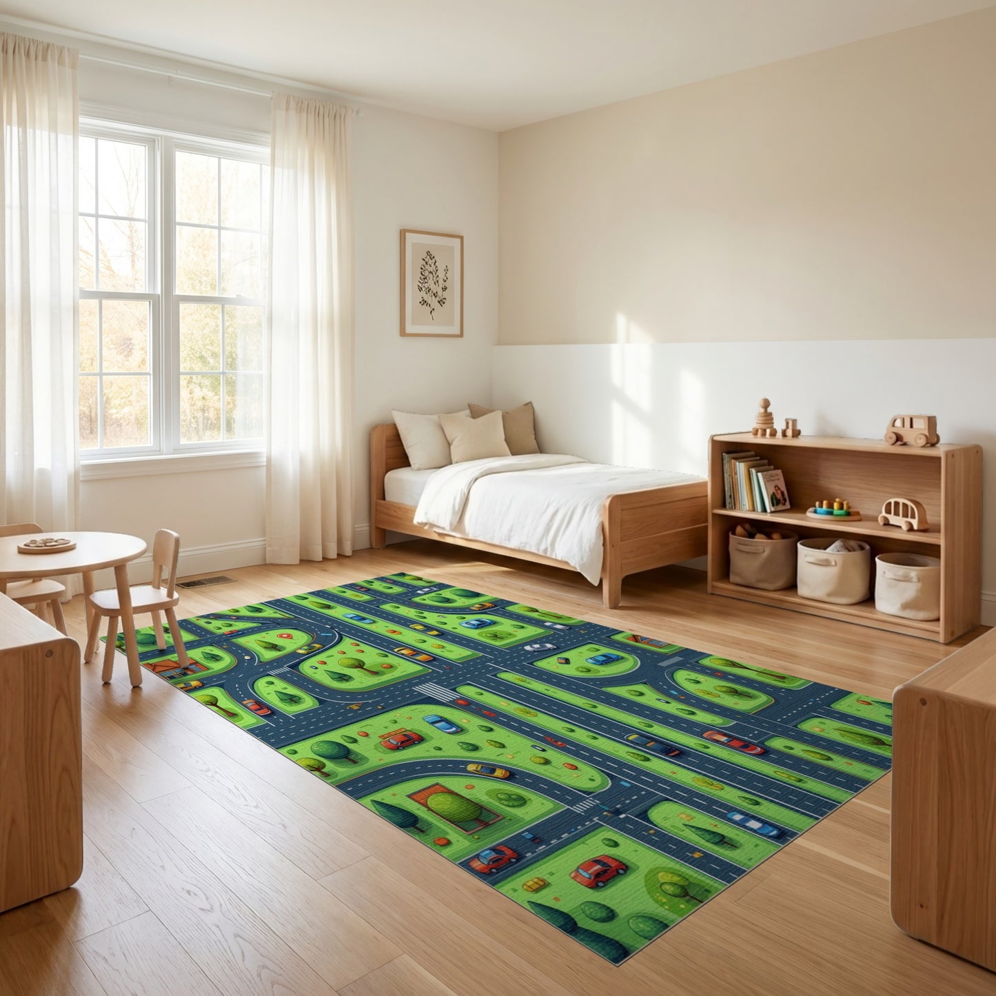 Whimsical Green Streets Cars Trees Rug