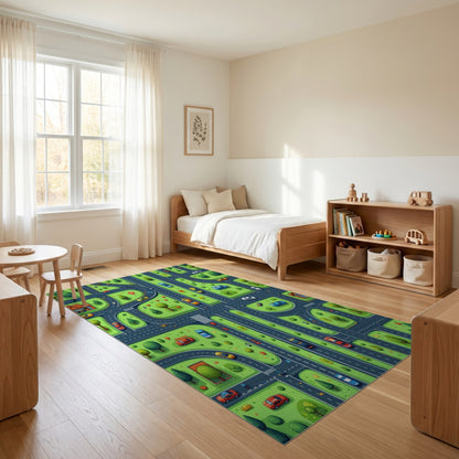 Whimsical Green Streets Cars Trees Rug