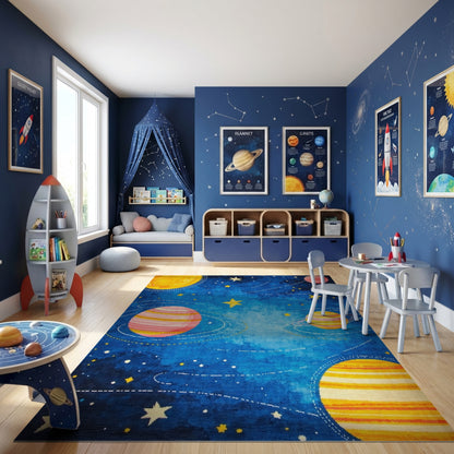Whimsical Cosmic Striped Planets Stars Rug