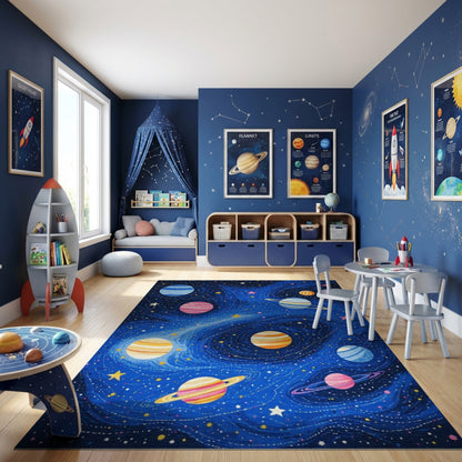 Vibrant Cosmic Planets Rings Stars Rug