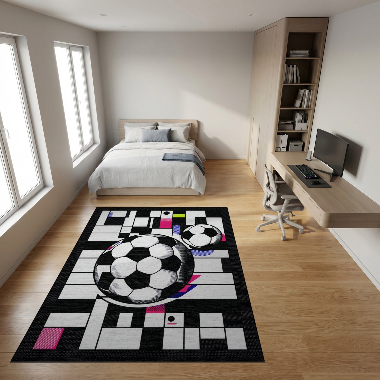 Colorful Geometric Soccer Balls Rug