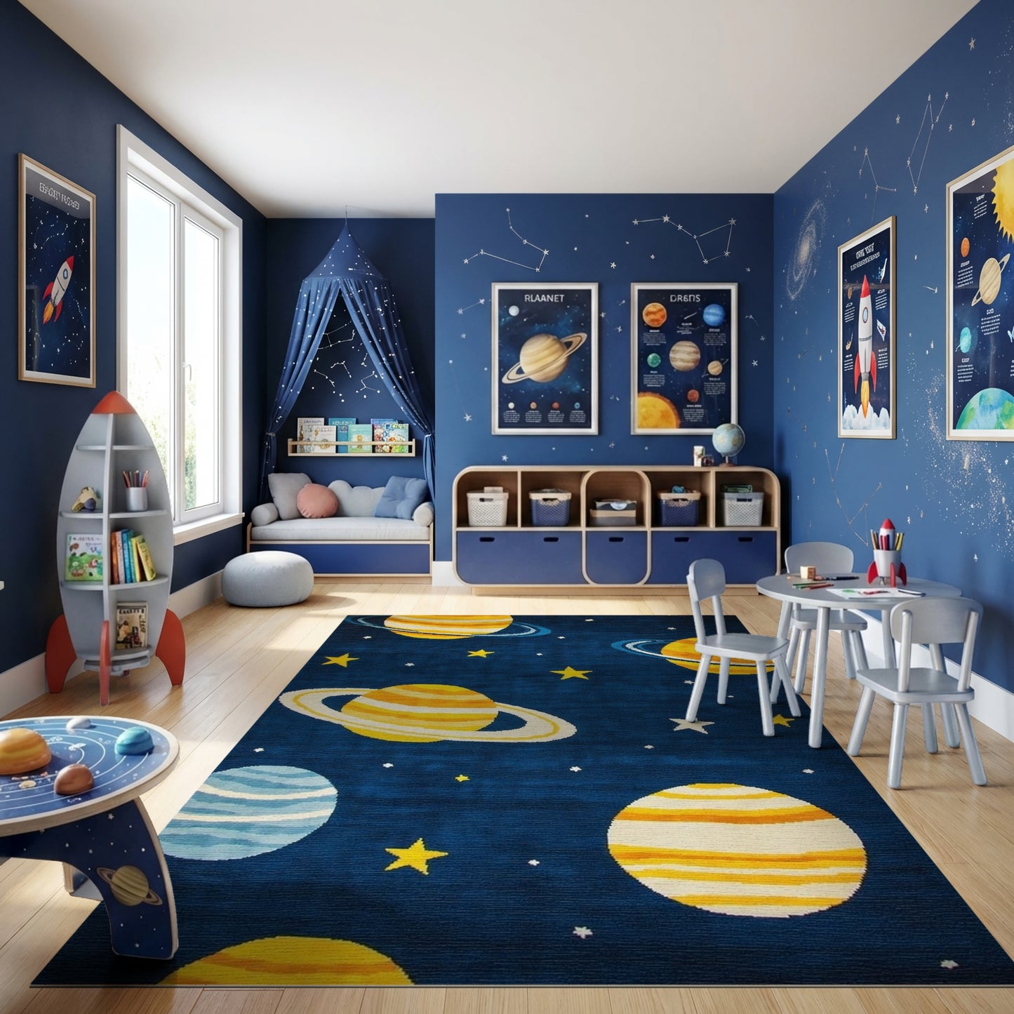 Navy Ringed Planets Stars Cosmic Rug