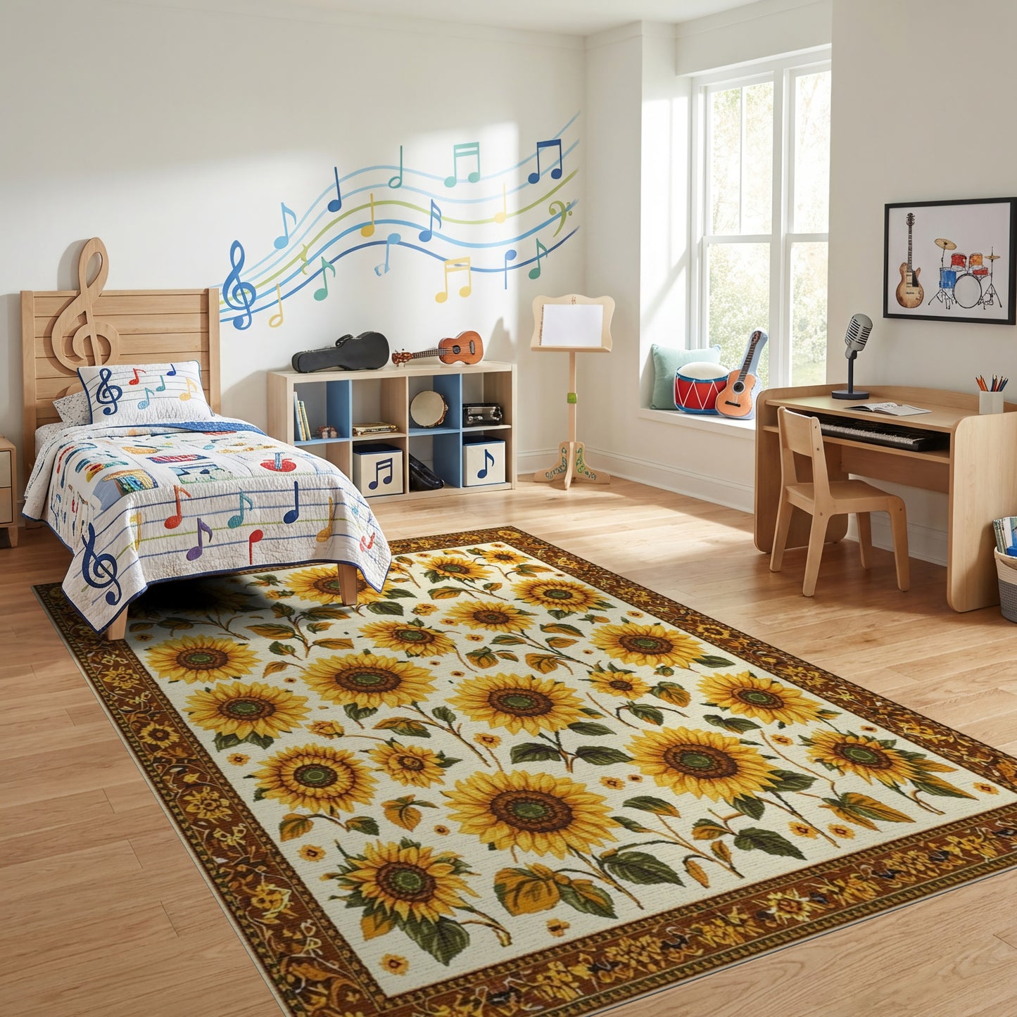 Cream Sunflower Leaves Golden Border Rug