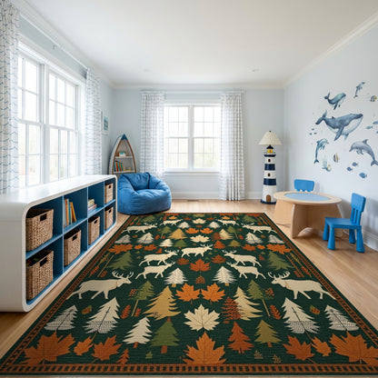 Rustic Elk Pine Maple Forest Rug