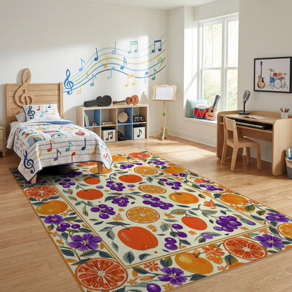 Whimsical Orange Grape Floral Border Rug