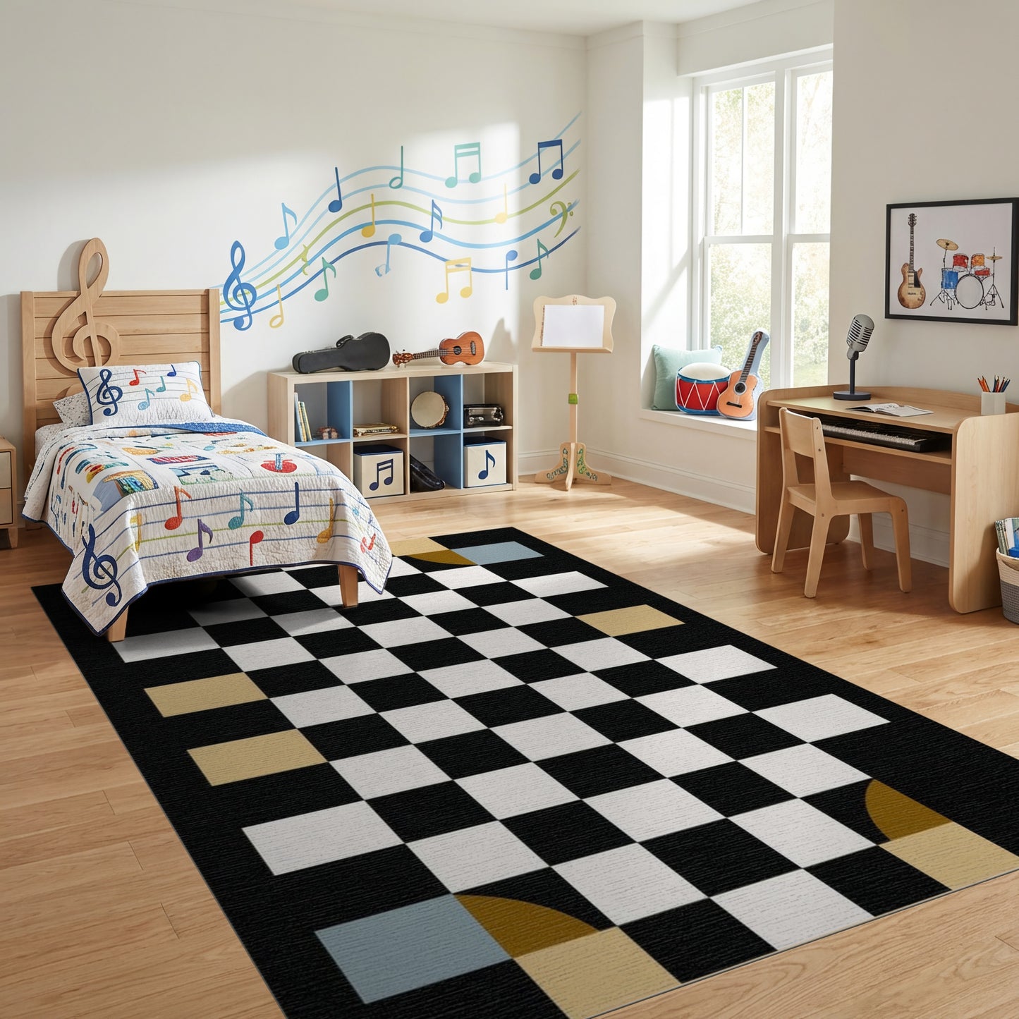 Black White Gold Teal Checkerboard Rug