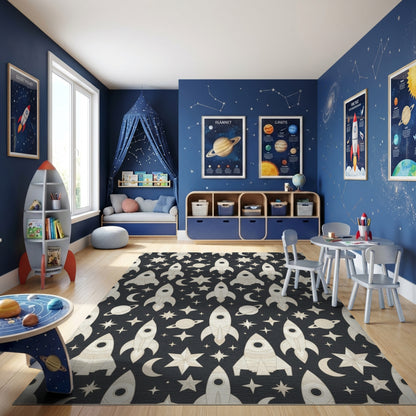 Retro Rocket Star Moon Planet Rug