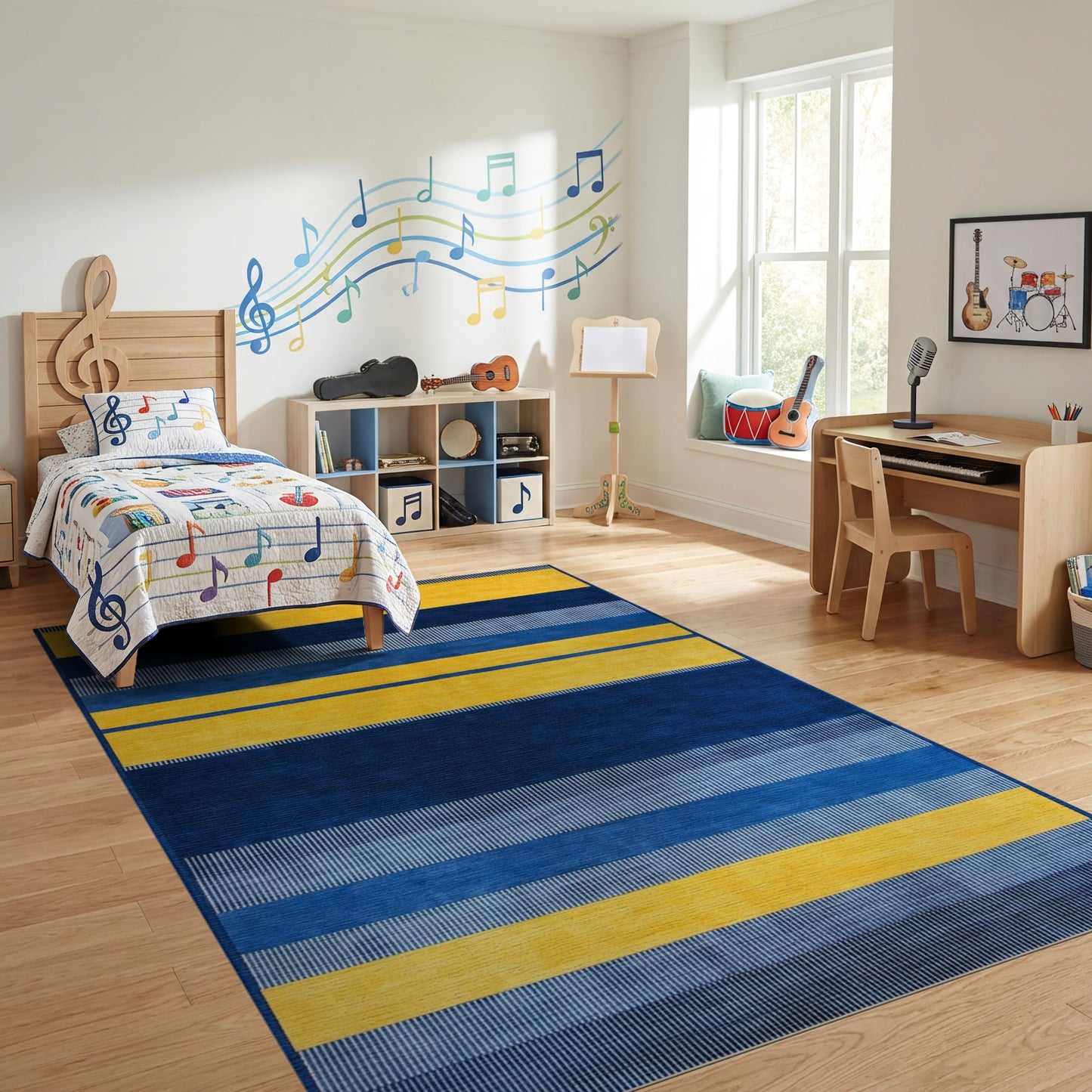 Bold Navy Gold Striped Modern Rug
