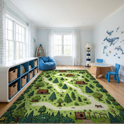 Whimsical Green Forest Cottages Path Rug