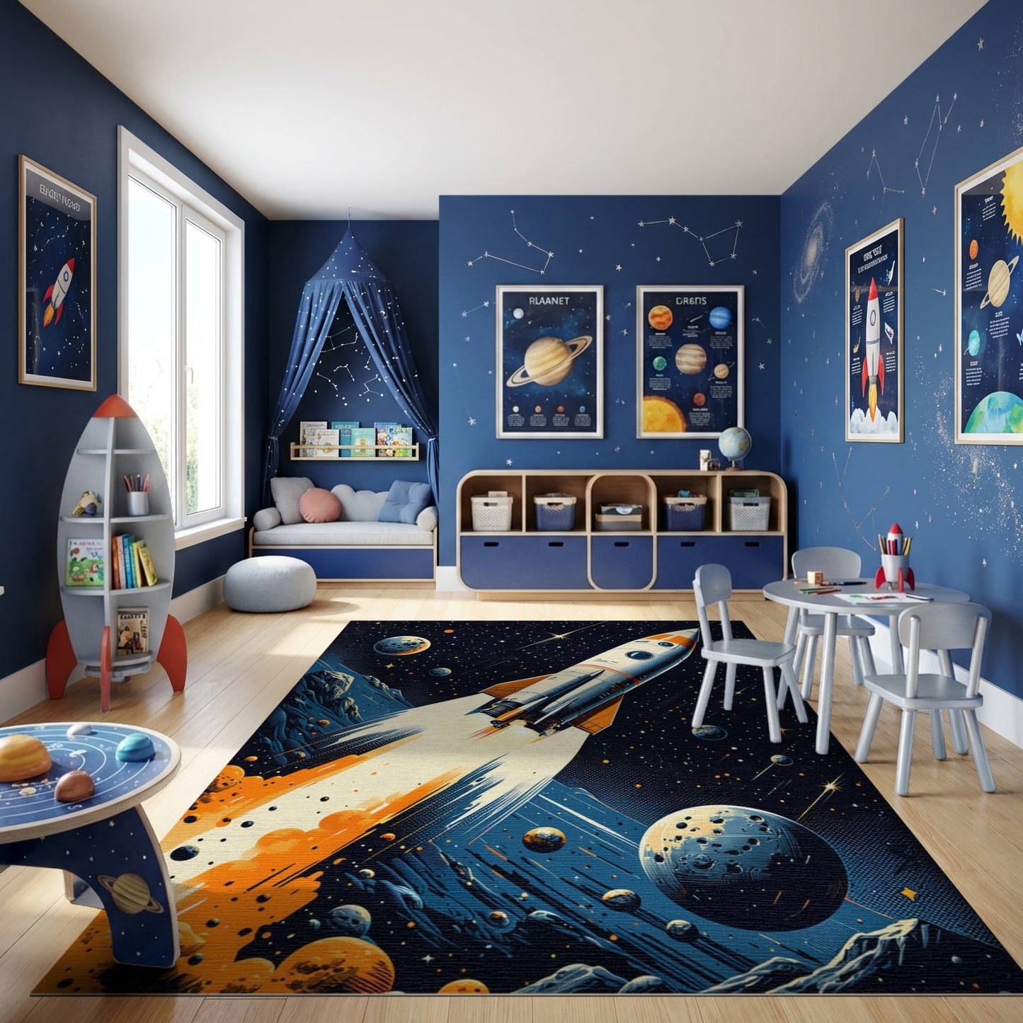 Retro Rocket Launch Cosmic Stars Rug