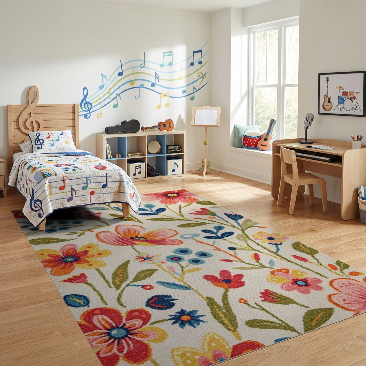 Whimsical Multicolor Floral Leaves Berries Rug