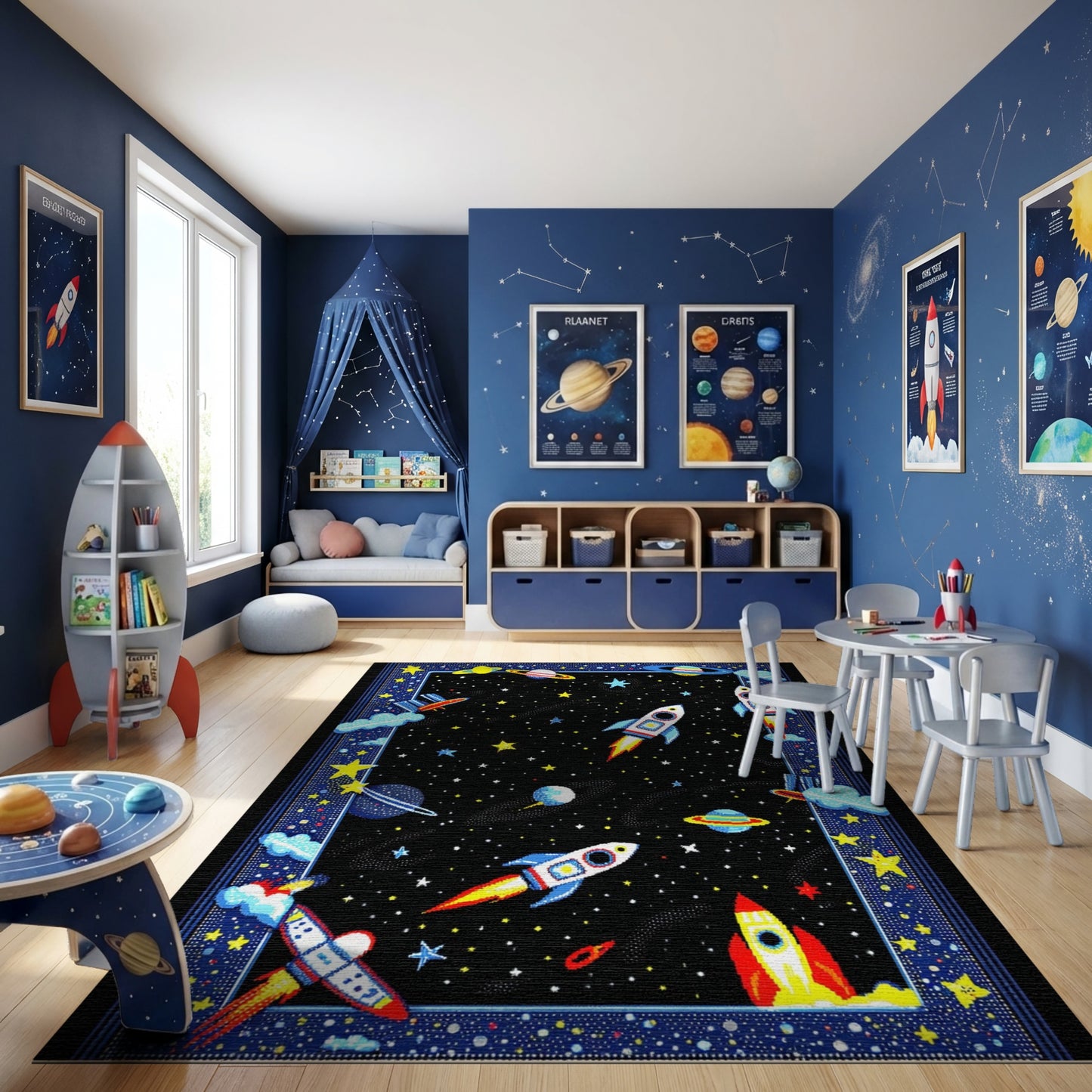 Whimsical Rockets Stars Planets Rug
