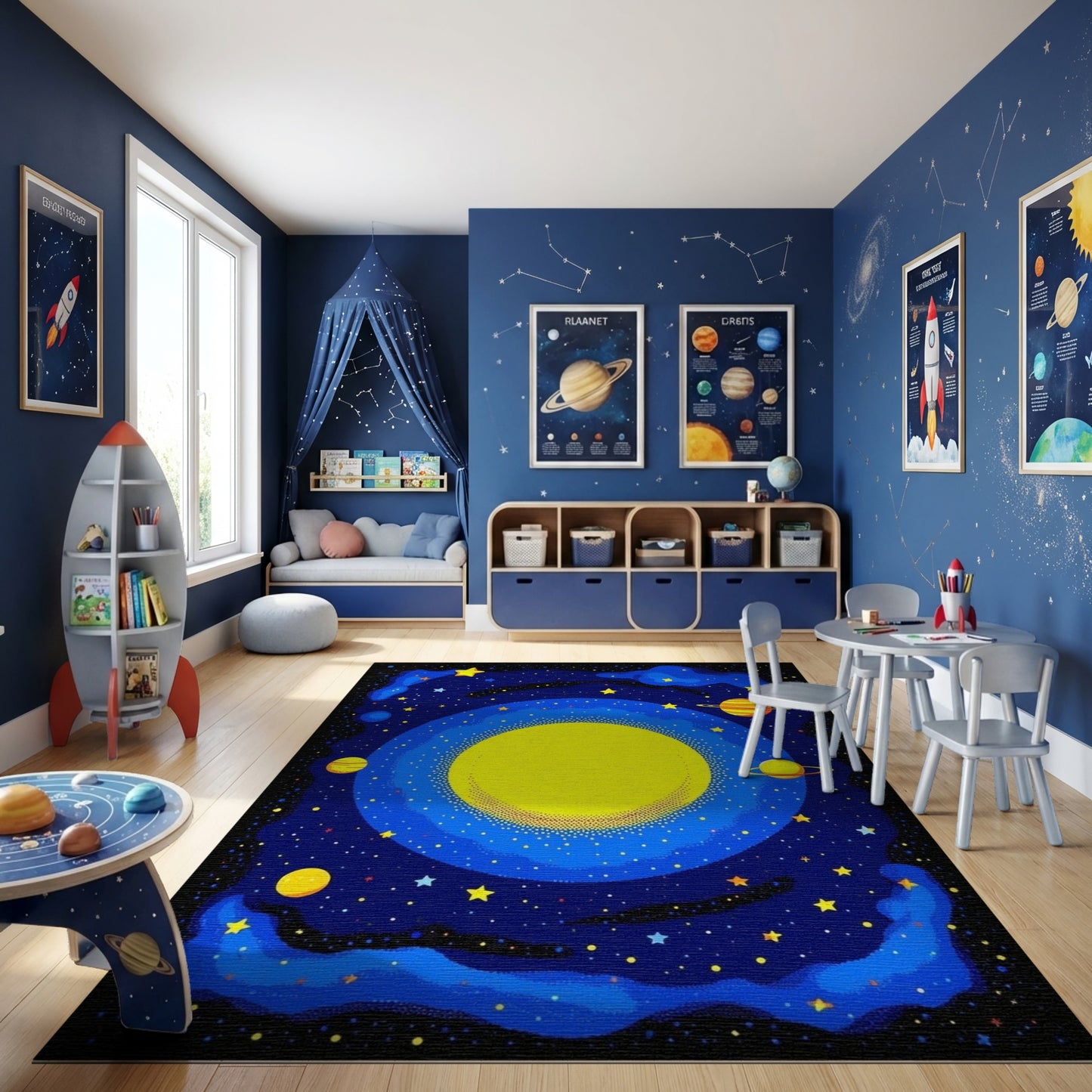 Vibrant Cosmic Sun Planets Stars Rug