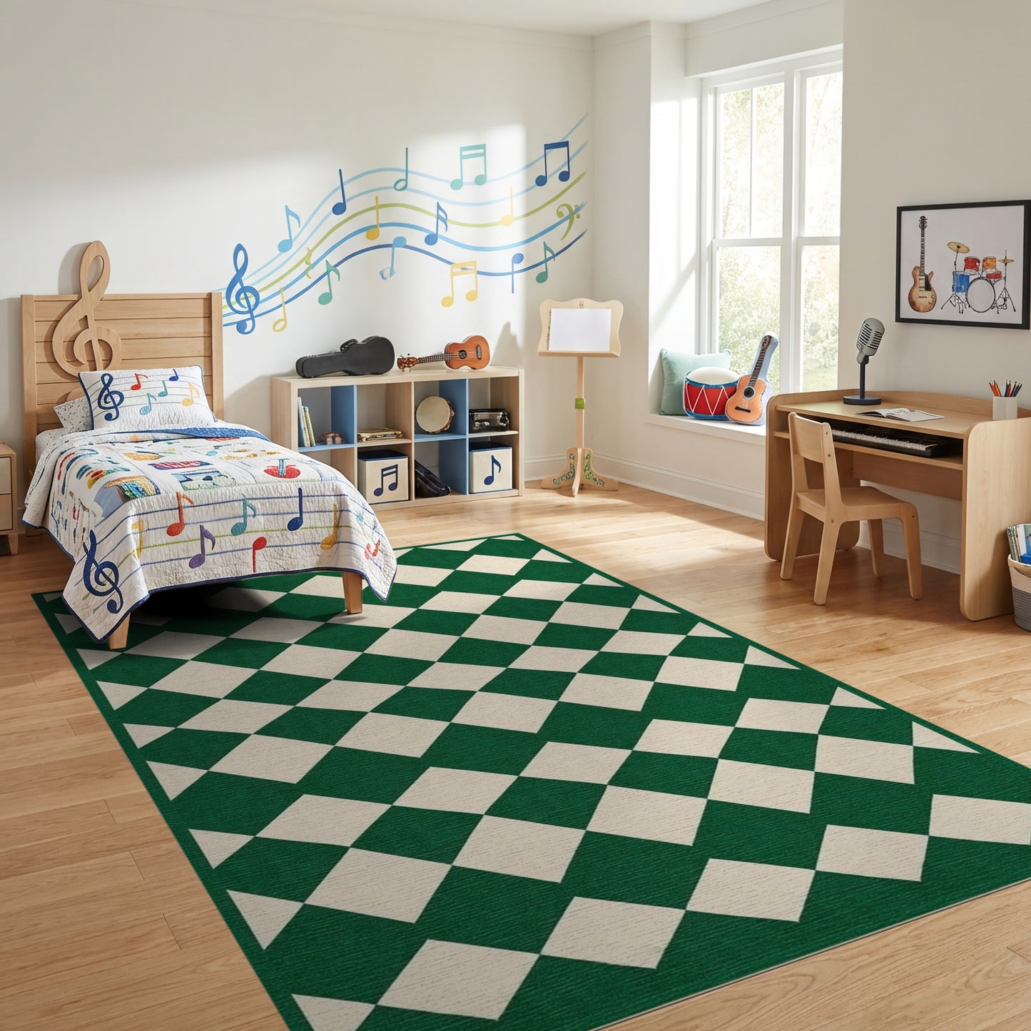 Emerald Green Ivory Harlequin Rug