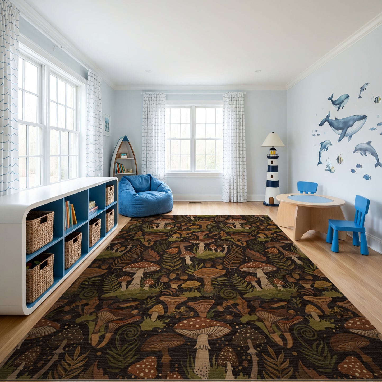 Whimsical Mushroom Fern Acorn Forest Rug