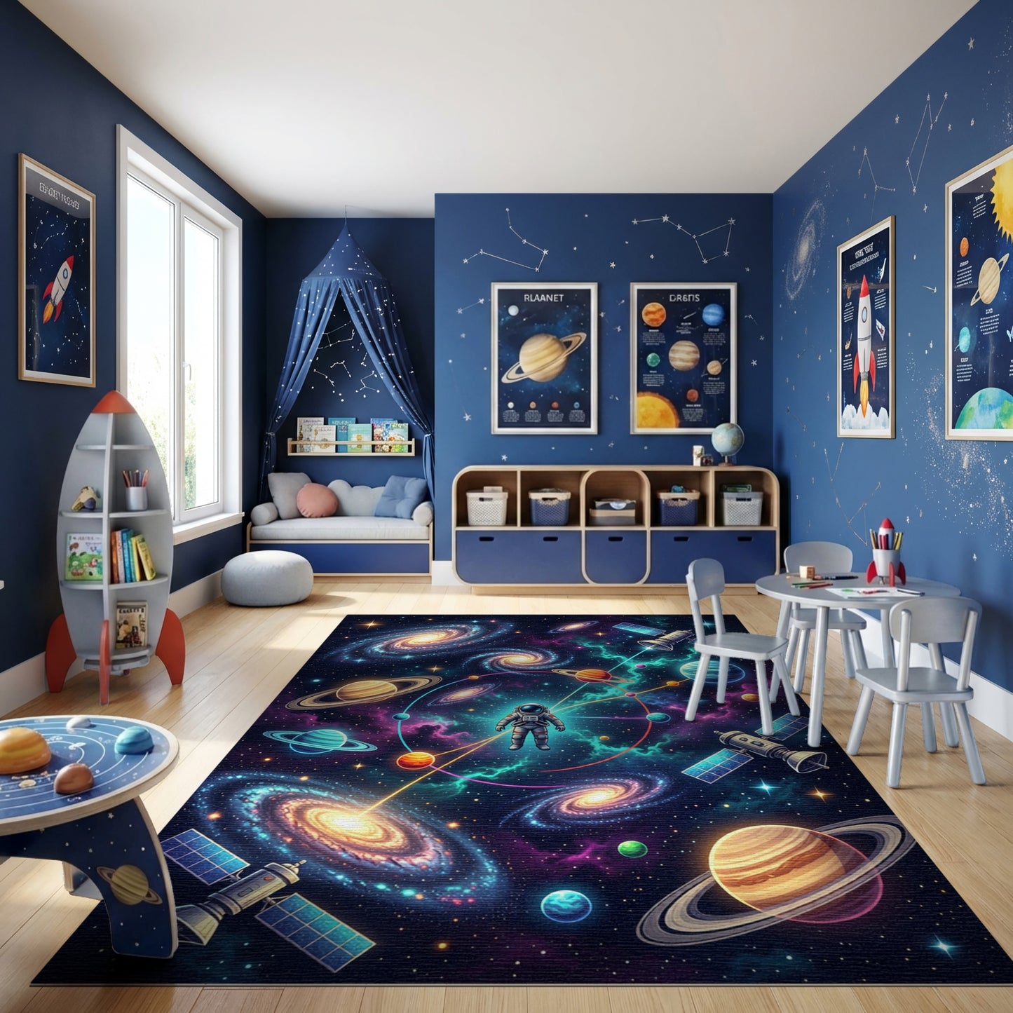 Vibrant Astronaut Cosmic Galaxies Planets Rug