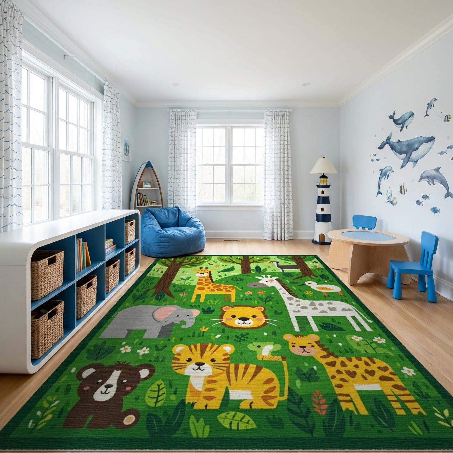 Whimsical Forest Animals Vibrant Green Rug
