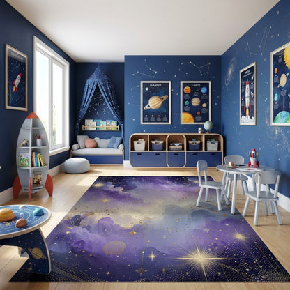 Ethereal Starry Purple Gold Clouds Rug