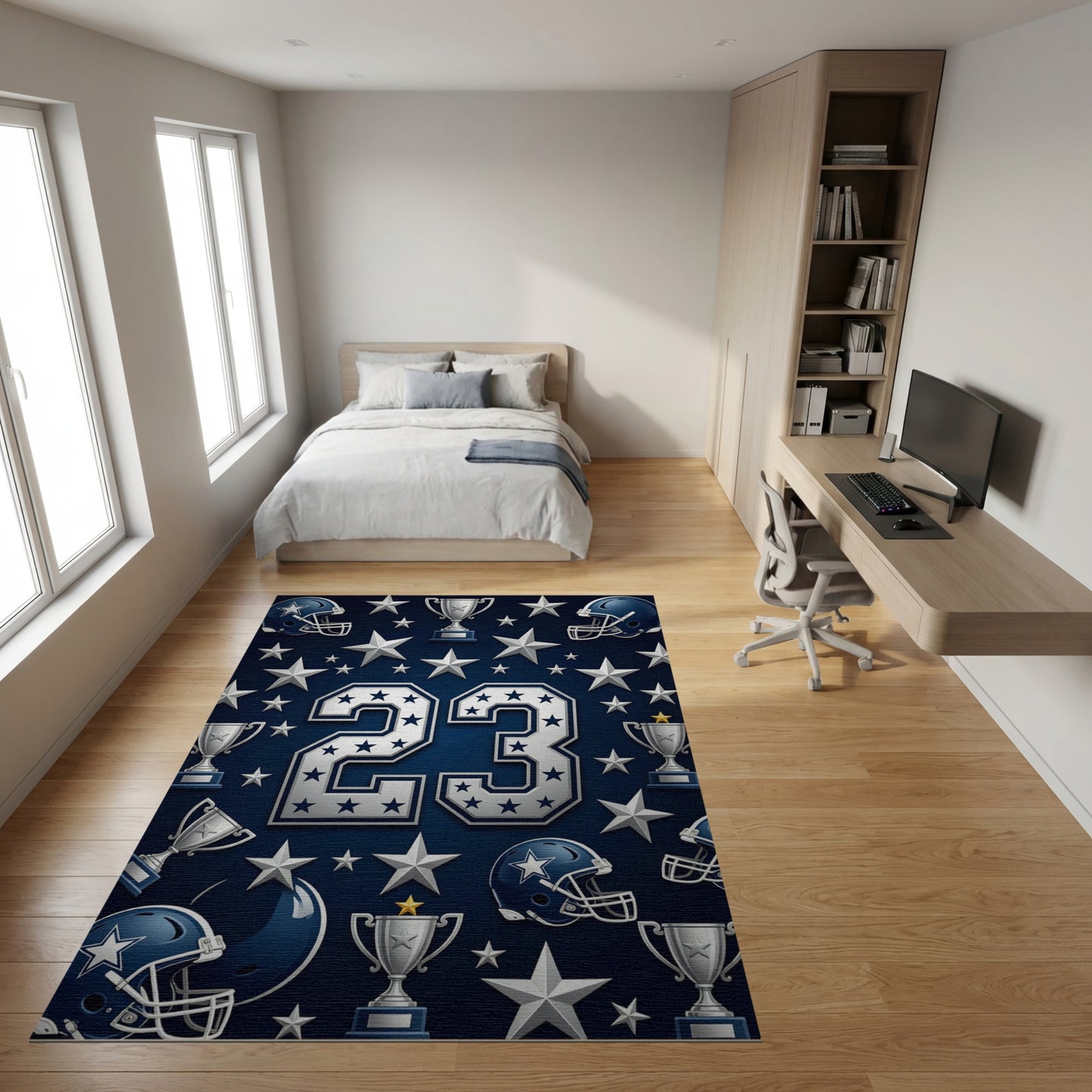 Navy Silver 23 Helmets Stars Trophies Rug