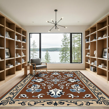 Brown White Blue Ornate Floral Medallion Rug